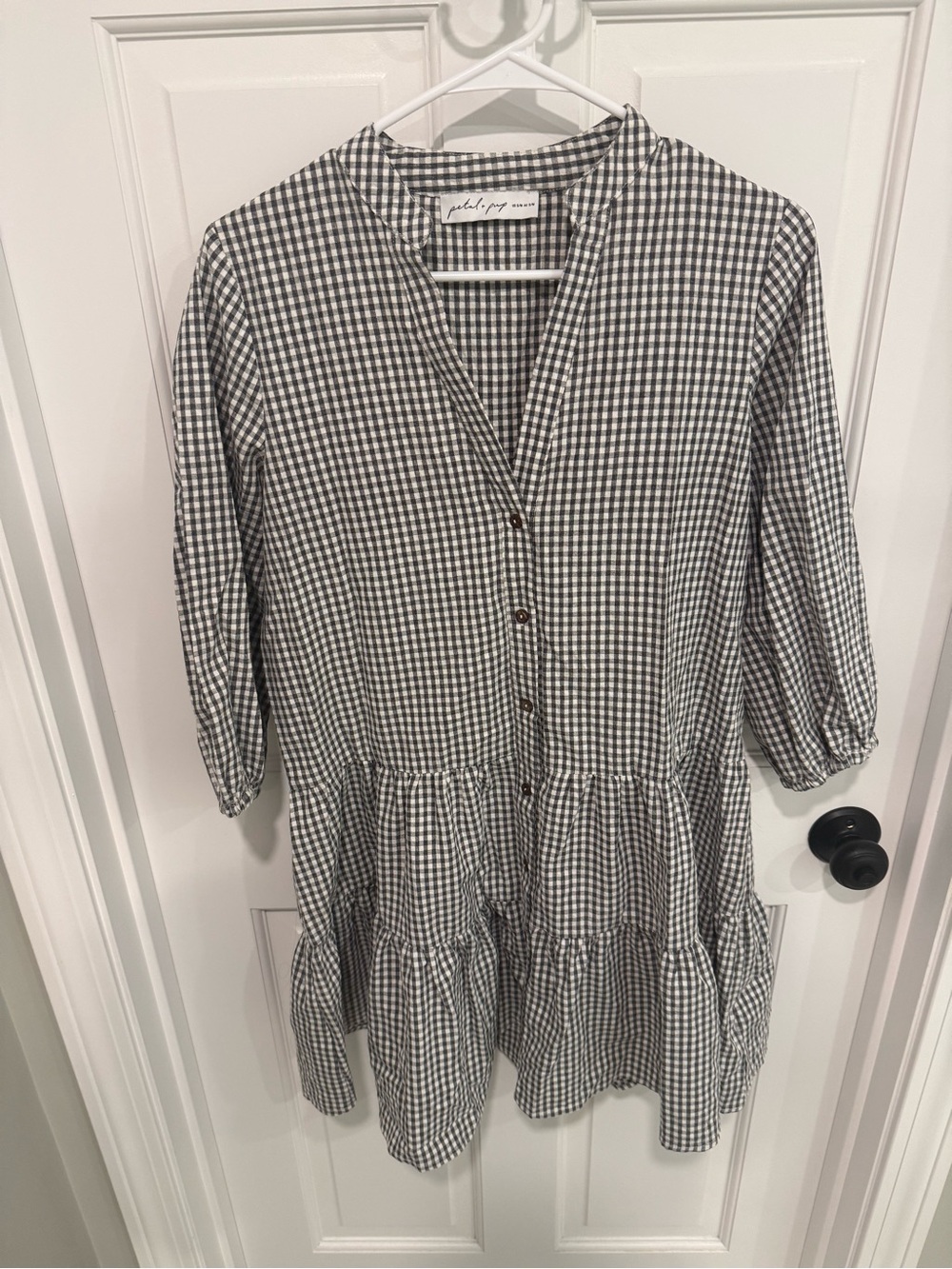 Petal & Pup Black and White Gingham Button-Front Tiered Mini Dress